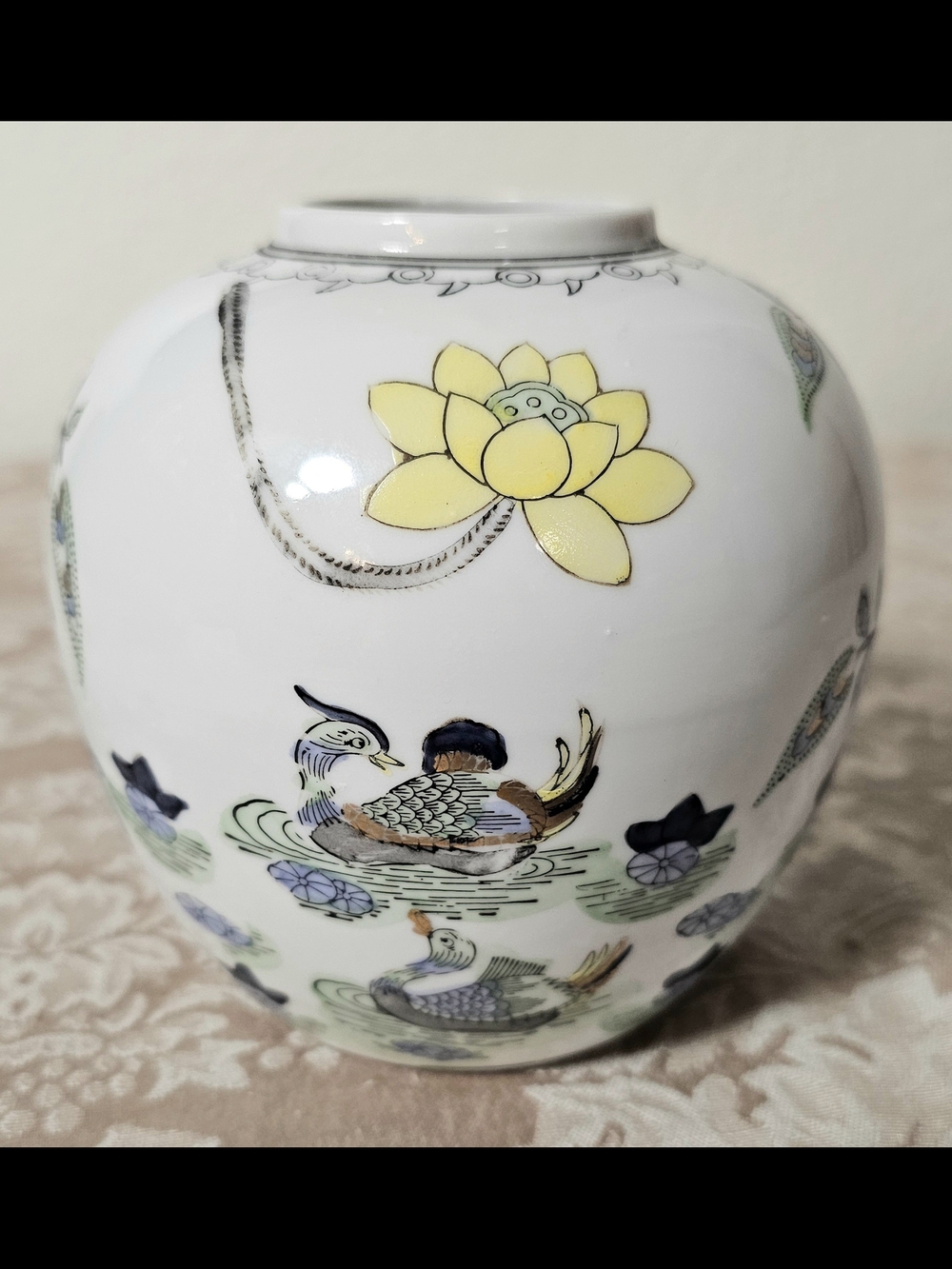 White Porcelain Floral & Duck Motif Vase Hand Decorated In Hong Kong